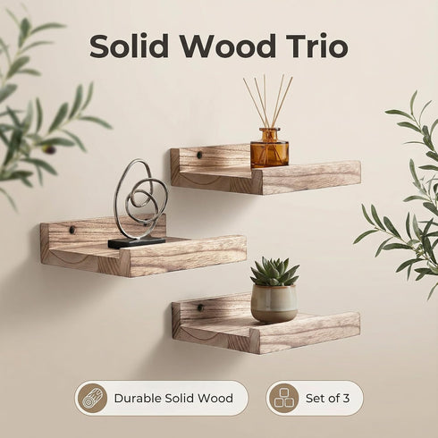 6 5.5inch, 3 Pack Z metnal Mini Floating Shelves, Small Natural Wooden Display Wall Shelf for Picture Ledge, Pawlownia
