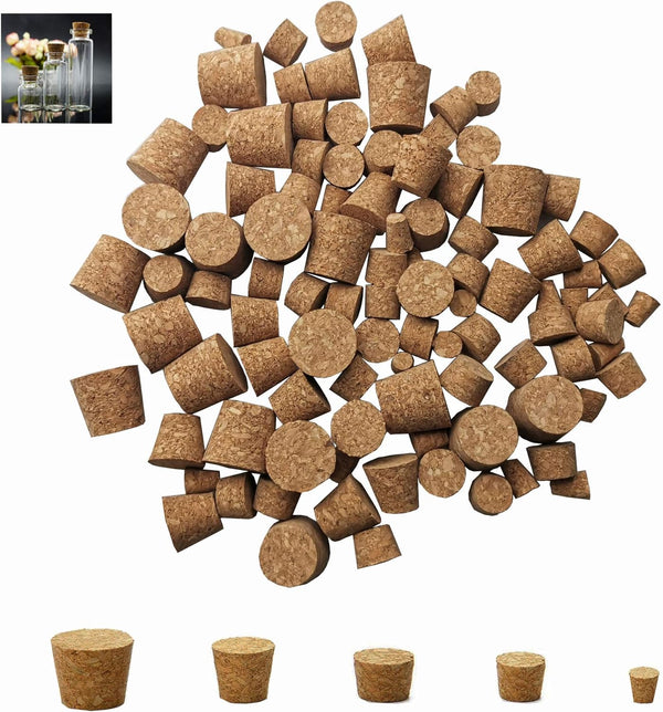 Mini Cork Stoppers - 100-Pack Tapered Bottle Plugs in 5 Sizes