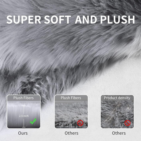 Small Faux Fur Rug, 2x4 ft Ultra Soft Sheepskin Chair Sofa Cover, Grey Fluffy Shag Rug for Bedroom Nursery Kids Room