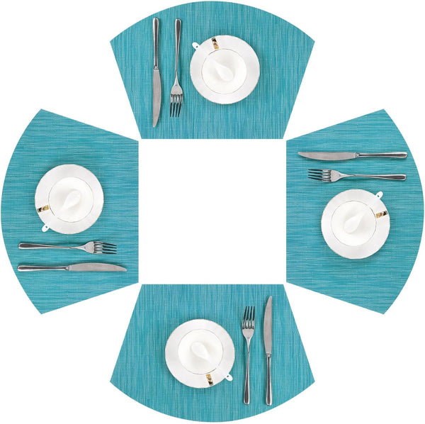 SHACOS Set of 4 Round Wedge Placemats, Heat Resistant, Woven Vinyl PVC Table Mats, Teal Blue, Indoor Outdoor