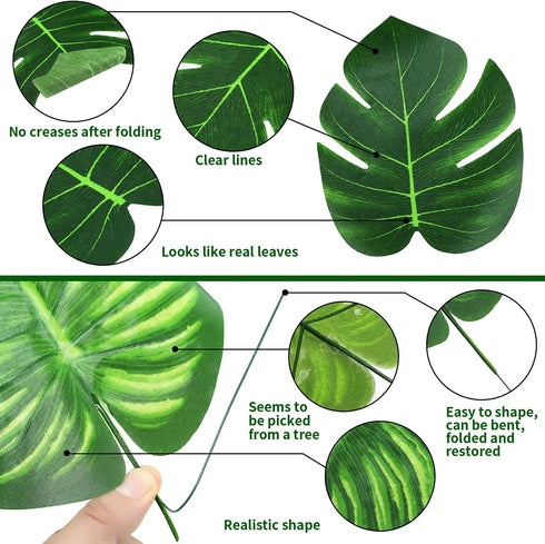 74 Pcs Artificial Palm Leaves, 7 Kinds Tropical Fake Leaves for Safari Jungle Hawaiian Dinosaur Luau Party Decoration