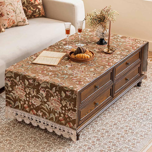 Luxury Chenille Coffee Table Cover Non-Slip Silicone Backing Heavyweight French Jacquard Table