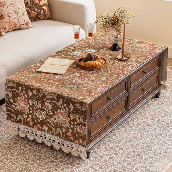 Luxury Chenille Coffee Table Cover Non-Slip Silicone Backing Heavyweight French Jacquard Table