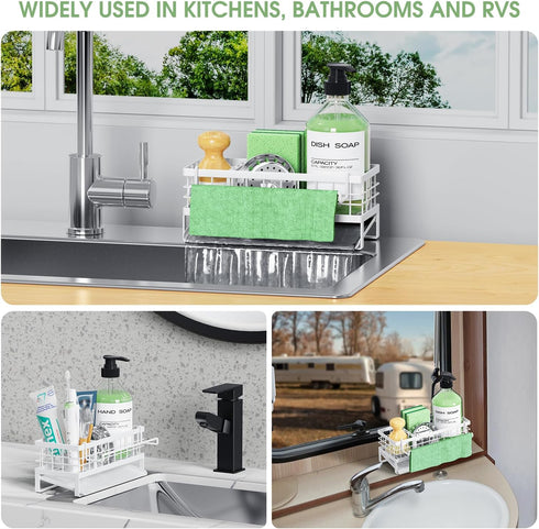 Self-Draining Kitchen Sink Caddy, Rustproof Non-Slip Sponge Holder with Detachable Dish Cloth Holder (White)