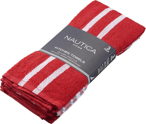 Nautica 100% Cotton Kitchen Towels Set of 3, 18" X 28", Super Absorbent Red Plaid Dish Towels for Kitchen