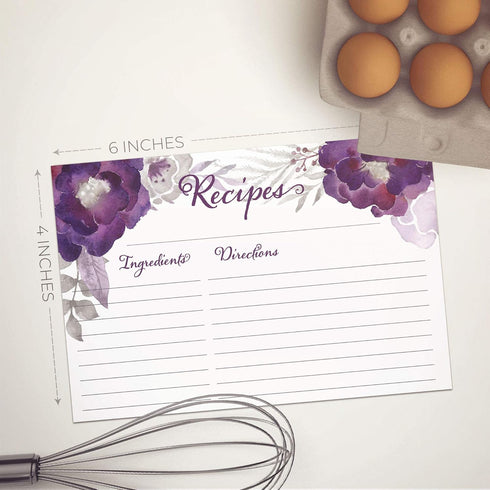 Floral Recipe Cards from Dashleigh, 48 Double-Sided Water-Resistant Cards, 4x6 inches (Violet Purple)