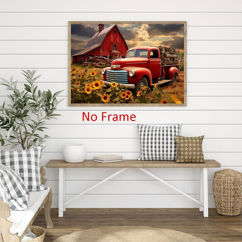 Farmhouse Rustic Pictures, Red Barn Painting Old Truck Poster, Wildflower Landscape Wall Art 16x24in