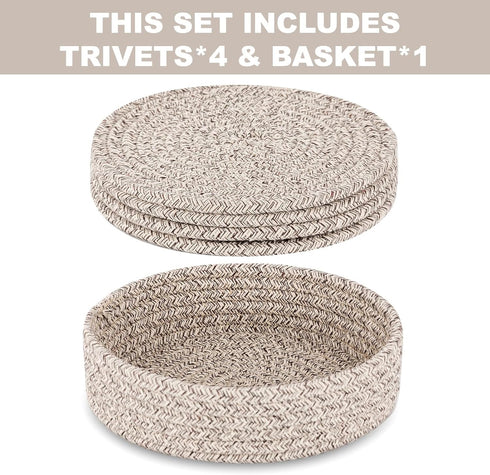 Trivets for Hot Dishes, Trivets for Hot Pots and Pans, Cotton Coasters 4 Pcs and Storage Basket 1 Pack, Pot Holders for Kitchen, Hot Pads for Table, Hot Mats Protect Countertops (Brown 4 Pcs) by Dakartoon