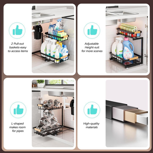 2 Pack 2 (13.2" 17.2") ADBIU Under Sink Organizer, Tier Expandable Height - Pull out Kitchen Bathroom Cabinet