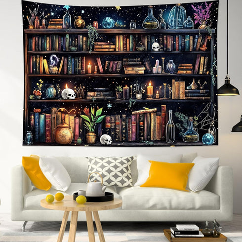40L 60W Inches HVEST Magic Bookshelf Tapestry Vintage Bookshelf Witchy Books Plant Skull Gothic Halloween Tapestry Wall