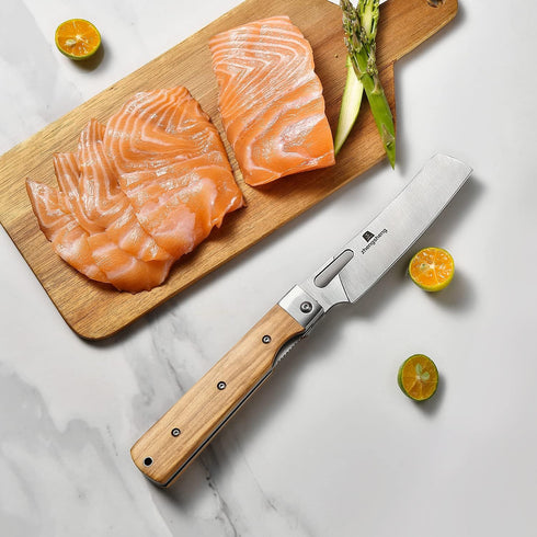 Folding Chef Knife with Leather Pouch, 4.8” Ultra Sharp 440A Stainless Steel Blade, Natural Olive Handle for Outdoor