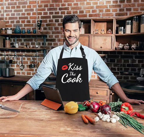 Funny Aprons for Women Men - Kiss the Cook Apron, Funny Chef Cooking BBQ Grill Aprons with 2 Pockets, Gift for Mom, Dad