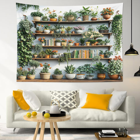 59x51 Inch EOBTAIN Green Plant Wall Tapestry Cactus and Floral Potting on Bookshelf Tapestries Wall Hanging Botanical