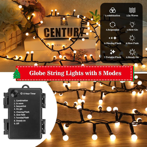 16Ft 100LEDs 8 Christmas Lights Battery-Powered,Mimi Globe Lights Modes,Indoor Outdoor Cluster String Lights