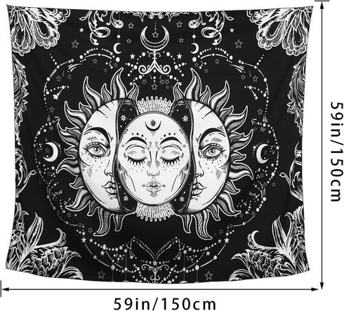 ARFBEAR Sun and Moon Tapestry, Burning Sun with Stars, Black and White Psychedelic Wall Hanging (59 x 59 in)