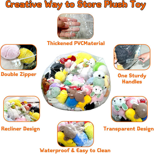 Clear Stuffed Animal Storage Bean Bag Chair Cover for Kids, Extra Large Waterparoof Beanbag Chair Cover with Zipper