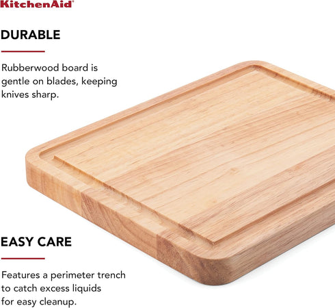 KitchenAid Classic Rubberwood Cutting Board, 8"x10" with Perimeter Trench, Reversible Chopping Board