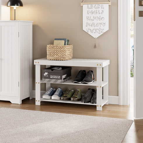 PUPL 3 260 lb, 27.5in 11.2in 17.9in Tier Bamboo Shoe Bench, Entryway Bench Shoe Rack Organizer for Bedroom Living Room