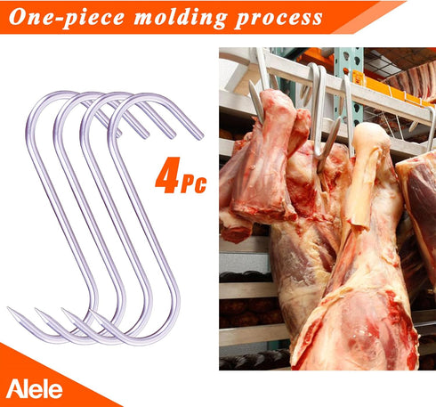 Alele 8 Inch Meat Hook 10mm Heavy Duty Stainless Steel Butcher Hooks for Hanging Beef (10mm 8inch 4p)