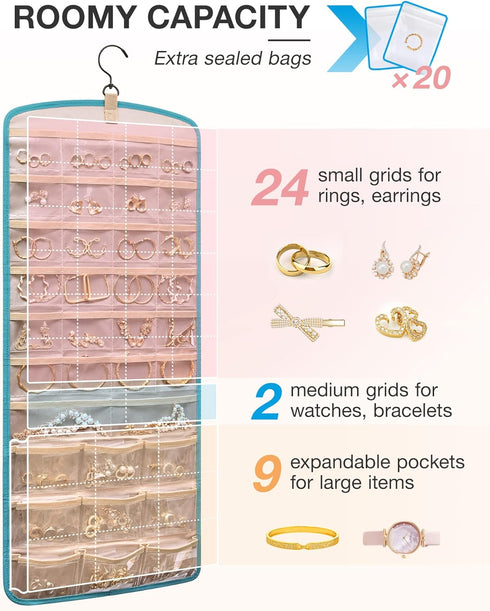 BAGSMART Hanging Jewelry Organizer, Large Teal Necklace Holder with 20 Jewelry Bags, Travel Storage Roll with Pockets