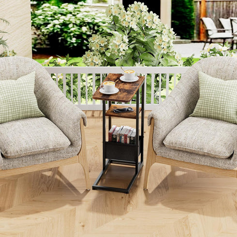C Shaped End Table, Small Side Table for Couch, Recliner, Slide Under Sofa Tray Desk Snack Tables with Storage Bag