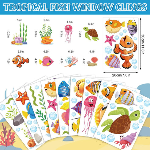 9 Sheets Summer Window Clings, Ocean Themed Tropical Fish Double-Sided Decals for Home Office Bathroom Decor