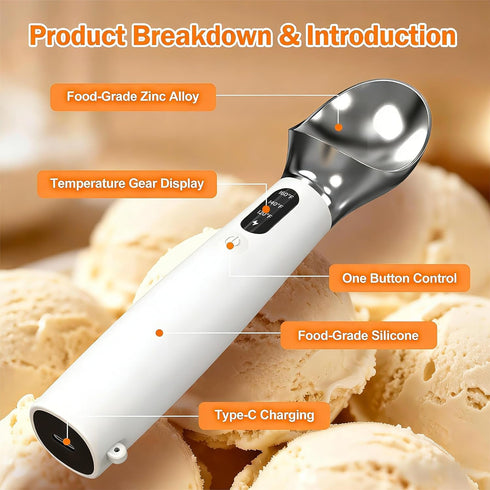 undersary 3-Speed IP67 Heated Ice Cream Scoop - Electric Warming Scooper, Rechargeable USB-C Fast Charge with LED