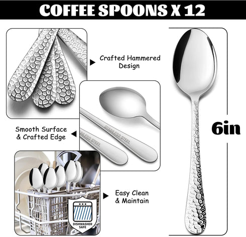 E-far 12-Piece Coffee Spoons, 6-Inch Stainless Steel Espresso Spoons, Small Metal Spoons for Coffee/Sugar/Tea, Hammered Design & Rust Free, Dishwasher Safe