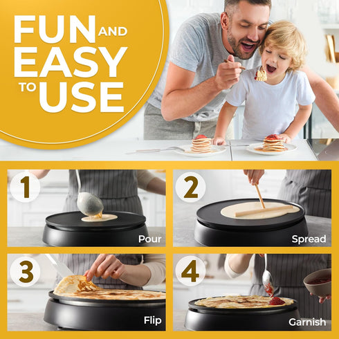 Crepe Maker Machine - Nonstick 12” Electric Griddle for Pancakes, Roti, Tortilla, Portable, Compact