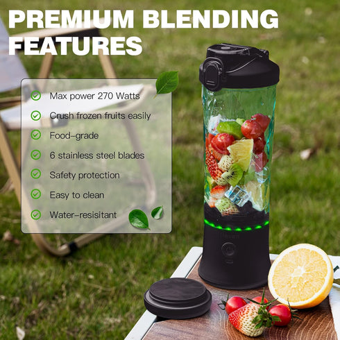 Portable Blender,270 Watt for Shakes and Smoothies Waterproof Blender USB Rechargeable with 20 oz BPA Free Blender Cup and a Travel Lid. (Black, 20 oz) by Devan
