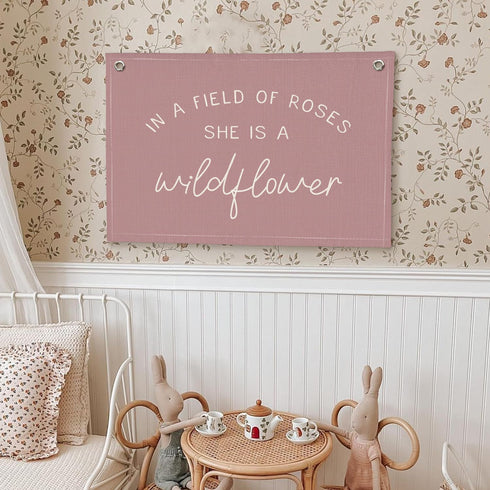 Wheatwin Girls Room Decor, Wildflower Nursery Decor, In a Field Full of Roses She Is a Wildflower Banner, Pink Linen