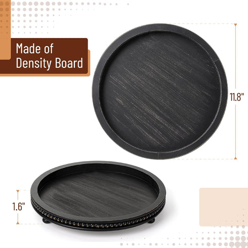 12", Bamboo Land- Round Decorative Trays for Coffee Table, Black, Wood Tripod & Beaded Design, Wooden Round Tray