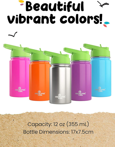 Kids Water Bottle 12oz Purple - Leak Proof with Straw & Handle, Insulated Double Wall Stainless Steel, Easy Sip Toddler