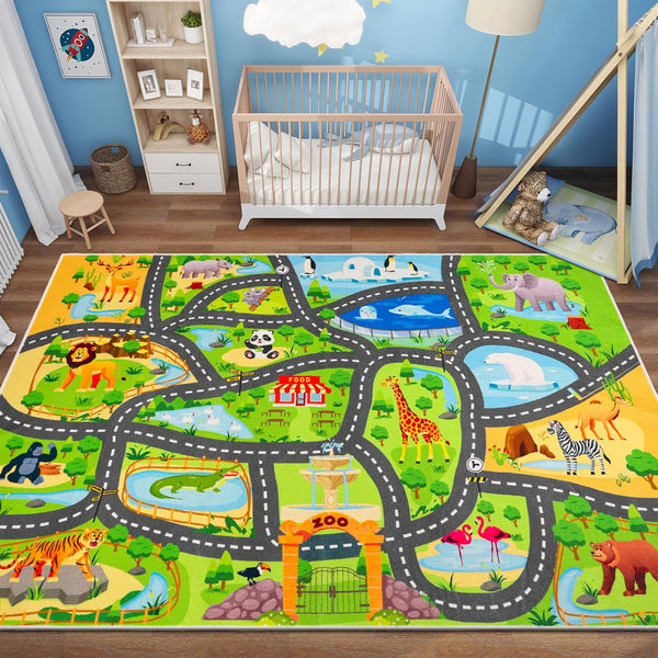 DINSUMRUG Car Rugs for Kids Toy Cars,59"X39.4" Animal Road Rug for Kids,Non Slip
