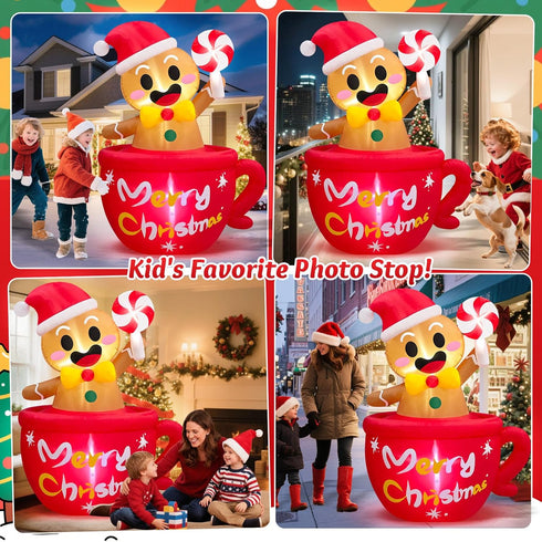 6 FT Tall Christmas Inflatables Outdoor Decoration Gingerbread Man Hot Chocolate, Built in LEDs Funny Inflatable Ginger