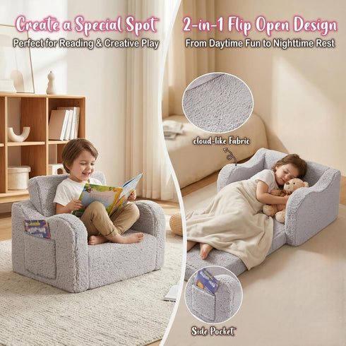 2-in-1 Cozy MOMCAYWEX Kids Sofa, Flip-Out Foam Couch with Soft Sherpa Cover, Play Lounge Chair, Grey