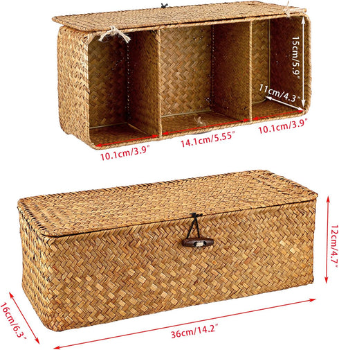 Sumnacon Small Woven Basket for Shelf, Seagrass Storage Basket with Lid for Toiletry, Rectangular, Caramel