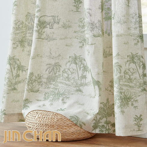 jinchan 63 Inches Country 2 Linen Toile Curtains Long for Living Room Toile de Jouy Floral Curtains French Farmhouse