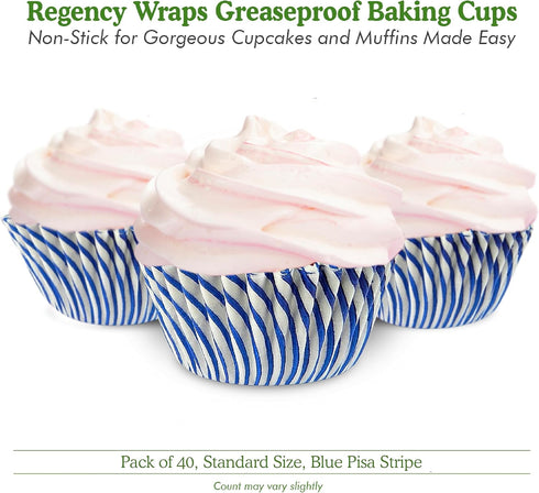 Regency Wraps Blue Pisa Stripe Baking Cups, Pack of 40, Greaseproof Professional Grade, for Cupcakes, Muffins