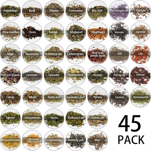 HOOMUU 45 Witchcraft Supplies Herbs - Bottles Dried Herbs Kit for Beginners - Altar Supplies Healing Herbal Natural