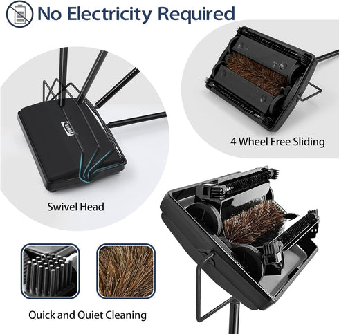 JEHONN Manual Carpet Floor Sweeper, Non Electric Horsehair Rug Roller Brush for Cleaning Pet Hair