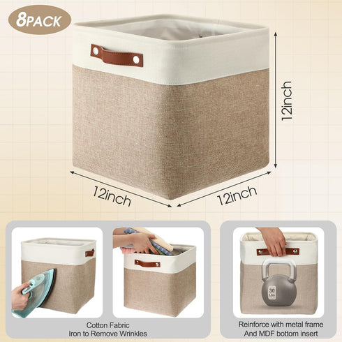 Uiifan 8 Pack Fabric Storage Baskets with Handles, Linen Decorative Storage Containers for Shelves, Beige