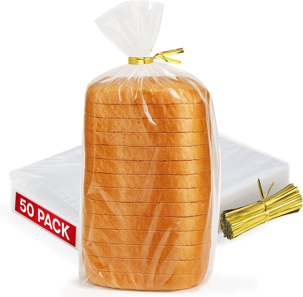 volila Reusable Plastic Bread Bags - 50 Pack Clear Loaf Bags for Homemade