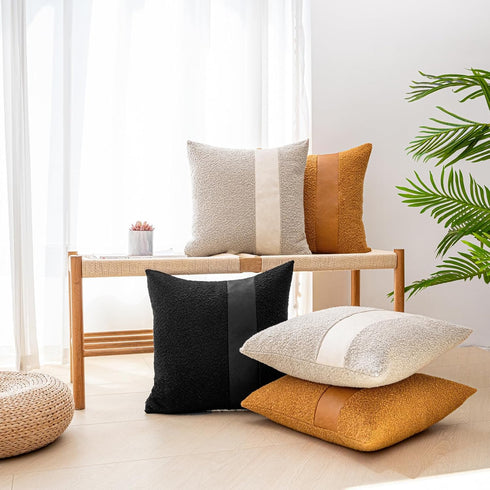 Pack 2 18 18 Inch of Black Boucle Decorative Pillow Cover with Faux Leather Modern Accent Pillow Case x Textured Stripe