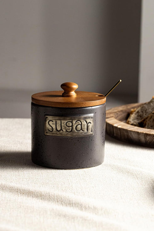 15 Oz LYEOBOH Black Sugar Bowl with Lid and Spoon, Farmhouse Sugar Container Holder for Coffee Bar Accessories, Food