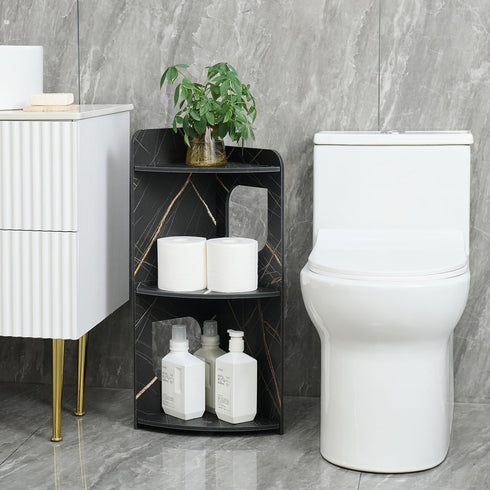 3-Tier Black Small Corner Shelf Stand, Waterproof Bathroom Storage, Toilet Paper Storage, Corner Table for Small Spaces