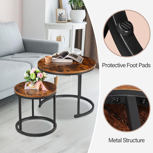 Set 2, 23.6inch ZENY Nesting Coffee Table of Round Coffee Table Wood Grain Top with Sturdy Metal Frame, Industrial End