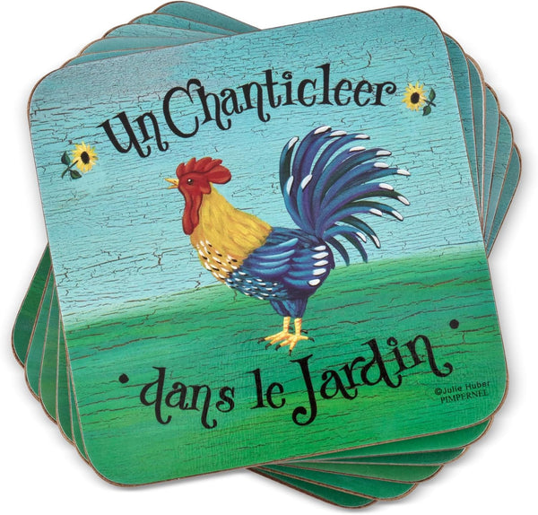 Pimpernel Dans le Jardin Coasters - Set of 6, Cork Backing, Chicken Design for Table Protection