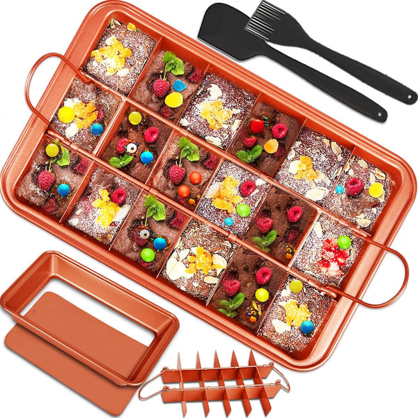 Brownies Pan with Dividers, Nonstick Baking Pan with Slicer Cutter & Spatula, Rectangular Cake Pans for Baking
