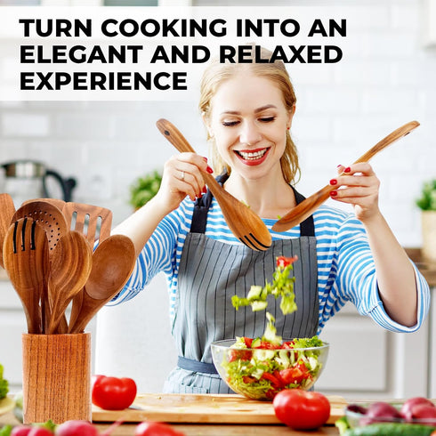 Wooden Cooking Utensils Set - Natural Teak Kitchen Utensil Set with Spoon Rest & Holder, 9 Piece
